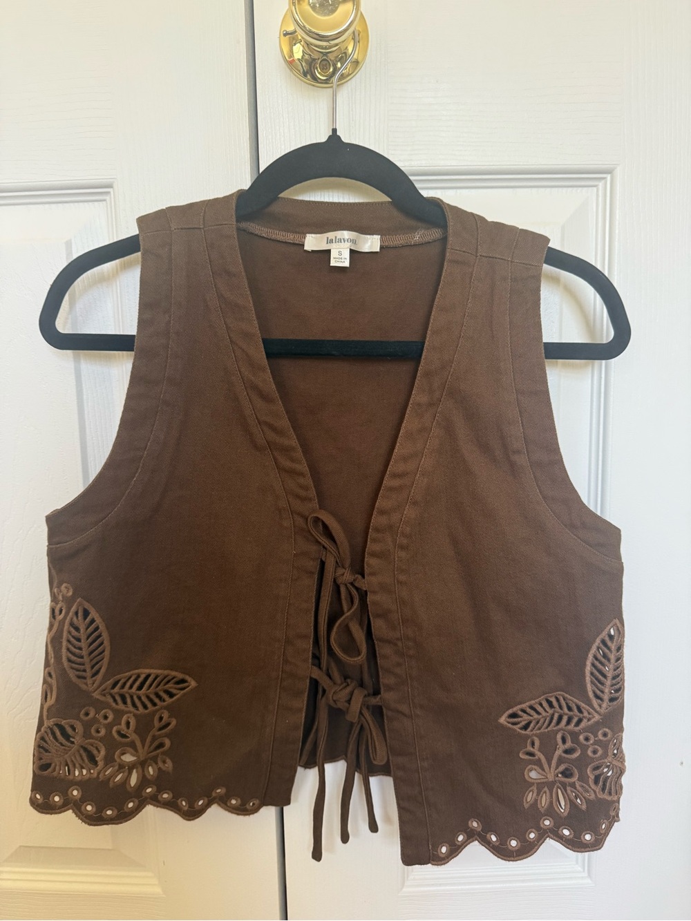 Lalavon Brown Embroidered Lace-Up Cotton Vest